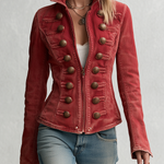 Vintage Military Red Washed Double Row Bronze Button Fitted Denim Band Jacket