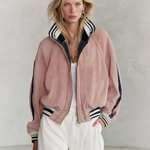 Retro Sporty Pink Washed Striped Rib Trim Oversized Zip Up Denim Bomber Jacket