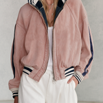 Retro Sporty Pink Washed Striped Rib Trim Oversized Zip Up Denim Bomber Jacket