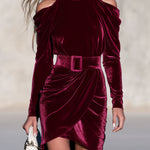 Retro Elegant Fuchsia High-neck Off-shoulder Belted Irregular Hem Velvet Mini Dress
