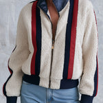 Casual Retro PU Striped Off-White Fleece Bomber Jacket