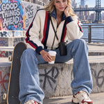 Casual Retro PU Striped Off-White Fleece Bomber Jacket