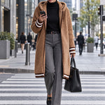 Casual Retro Striped Camel Double-faced Fleece Hooded Coat