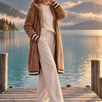 Casual Retro Striped Camel Double-faced Fleece Hooded Coat