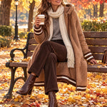 Casual Retro Striped Camel Double-faced Fleece Hooded Coat
