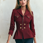 Vintage Military Burgundy Gold Button Zip Front Pintuck Waist Fitted Peplum Jacket