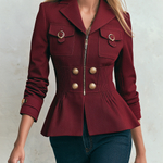 Vintage Military Burgundy Gold Button Zip Front Pintuck Waist Fitted Peplum Jacket