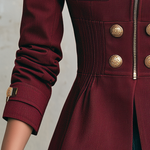 Vintage Military Burgundy Gold Button Zip Front Pintuck Waist Fitted Peplum Jacket