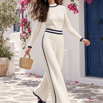 Retro Casual Color-blocked White Knit Top And Pants Set