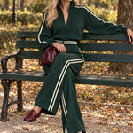 Sporty Retro Casual Color-blocked Striped Green Zip-up Sweatshirt And Pants Set