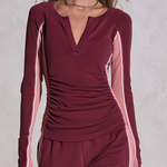 Retro Burgundy Pink Color-Block Sweatshirt Track Set With Wide-Leg Pants