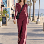 Retro Burgundy Pink Color-Block Sweatshirt Track Set With Wide-Leg Pants