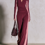 Retro Burgundy Pink Color-Block Sweatshirt Track Set With Wide-Leg Pants