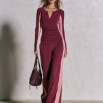 Retro Burgundy Pink Color-Block Sweatshirt Track Set With Wide-Leg Pants
