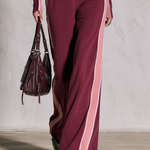 Retro Burgundy Pink Color-Block Sweatshirt Track Set With Wide-Leg Pants