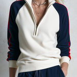 Retro Color-Block Fleece Zip-Up Sweatshirt And Jogger Set For Women