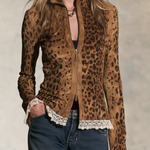 Retro Faux Suede Leopard Print Button-Up Shirt For Women