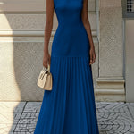 Sleeveless Gauze Pleated Solid Color Split-Joint Boat Neck Evening Dresses Maxi Dresses