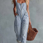Casual Retro Square Neck Front Zipper Light Yellow Denim Jumpsuit