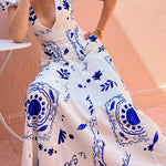 Deep V Neck Puff Sleeves Printed Swing Maxi Dress
