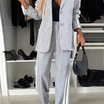Margovil Patchwork Notch Lapel Pocketed Blazer Elastic Waist Wide Leg Pants Casual Set