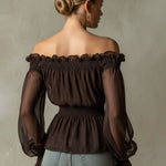 Fashionable Retro Ruffled Brown Off-shoulder Chiffon Blouse