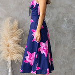 Adjustable Strap Back Lace-up Floral Print Midi Dress