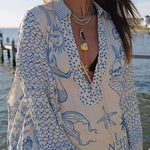 Margovil Collared V Neck Shirt and Side Slit Shorts Vitamin Sea Print Set