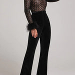 Margovil Feather Cuffs Bell Bottom Velvet Splice Jumpsuit