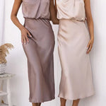 High Neck Zipper Back Waisted Satin Midi Dress
