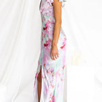 Deep V Neck Backless Slit Floral Print Satin Maxi Dress