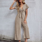 Jumpsuit Wide Leg Casual Short Sleeve Solid Color Bowknot V Neck Jumpsuit