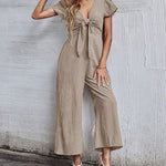 Jumpsuit Wide Leg Casual Short Sleeve Solid Color Bowknot V Neck Jumpsuit