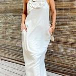 Vacay Ready Linen Blend Floral Embellishment Pocketed Slit Maxi Dress