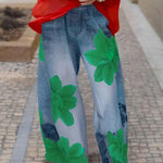 Loose Wide Leg Flower Print Jean Pants Bottoms Trousers