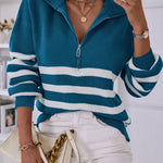 V Neck Collar Ribbed Knitted Stripe Pullover Sweater