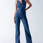 Slim Fit Sleeveless Fashion Street Retro Style High Waist Denim Jumpsuit