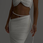 Imalia Stretch Mesh Pearl Trim Gathered Tank and Detachable Belt Vacation Maxi Skirt Set
