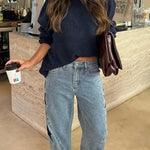 Jessy Denim Mid Rise Side Star Pattern Pocket Wide Leg Jeans