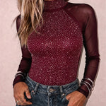 Women's Rhinestone Mesh Long Sleeve Top Mock Neck Sparkle Slim Fit Tee