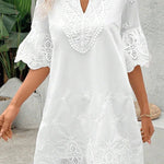 Solid Color Hollow Embroidery Casual Lace V-Neck Mini Dress