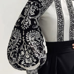 Long Sleeves Loose Contrast Color Flower Print High Neck Blouses&Shirts Tops
