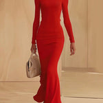 Long Sleeves Skinny Solid Color High Neck Maxi Dresses
