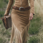 Retro Western Lapel Zipper Long Sleeve Tassel Midi Dress