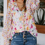 Sweet Flower Print Balloon Sleeve Blouse