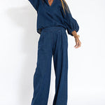 Nadorine Women's Casual Denim Two-piece Set Loose Puffed Sleeve Blouse and Wide-leg Pants