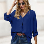 Nadorine V-Neck Long Sleeve Buckle T-Shirt Plain Shirts Shirt Top Elegant Shirts Casual Slim Fit Basic