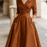 Elegant Black Satin Pleated V-neck A-line Midi Dress
