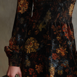 Retro Floral Print Pleated Waist Velvet Mini Dress