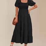 Square Neck Puff Short Sleeve Smocked Boho Maxi Dress Casual Flowy A Line Vacation Long Dress
